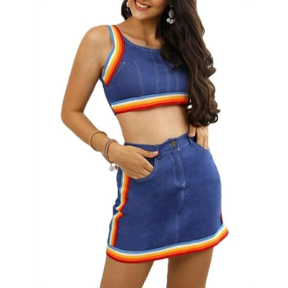 Denim Rainbow Skirt Set Small - Picture 2 of 7